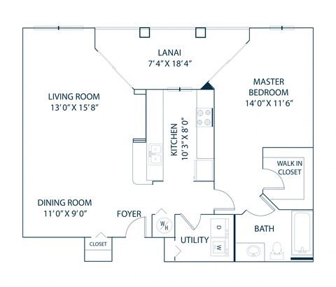 Floor plan for 1 bed, 1 bath, 850 sqft